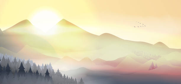 ilustrações de stock, clip art, desenhos animados e ícones de mountains landscape at dawn with geese flying in formation - layered mountain peak summer light
