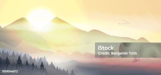 Mountains Landscape At Dawn With Geese Flying In Formation Stock Illustration - Download Image Now