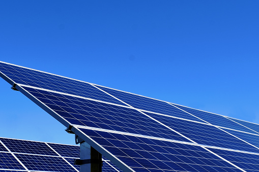 Solar panel close up with clear blue sky. Copy space.