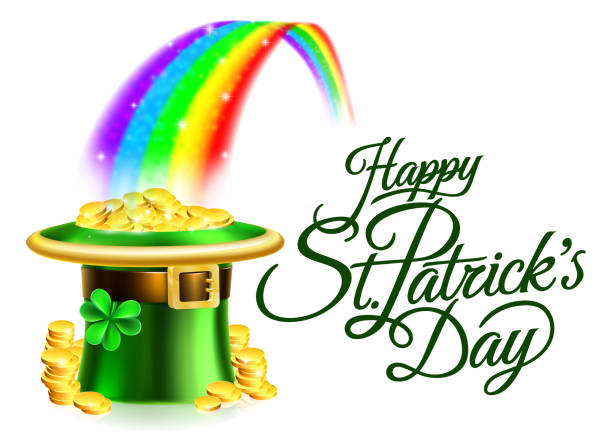 ilustrações de stock, clip art, desenhos animados e ícones de leprechaun hat rainbow happy st patricks day sign - end of the rainbow