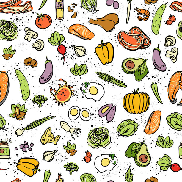 illustrazioni stock, clip art, cartoni animati e icone di tendenza di modello senza cuciture vettoriale alimentare chetogenico, schizzo. cibo cheto sano - grassi, proteine e carboidrati su un modello vettoriale infinito. sfondo senza cuciture con oggetti alimentari dietetici cheto a basso contenuto di carboidrati. modello ke - pattern seamless heavy close up