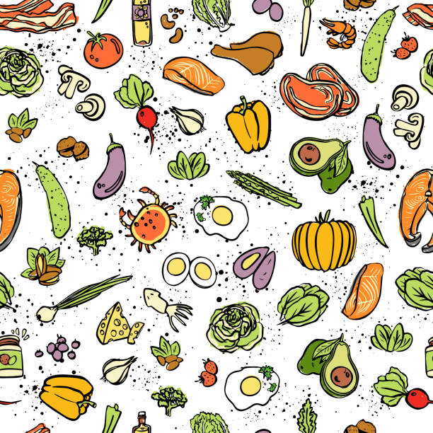 Ketogenic food vector seamless pattern, sketch. Healthy keto food - fats, proteins and carbs on endless vector pattern. Seamless Background with Low carbs keto diet food objects. Keto seamless pattern Ketogenic food vector seamless pattern, sketch. Healthy keto food - fats, proteins and carbs on endless vector pattern. Seamless Background with Low carbs keto diet food objects. Keto seamless pattern, hand draw style paleo stock illustrations