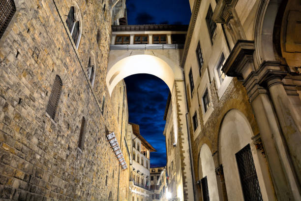 The Vasari Corridor at night in Florence, Italy