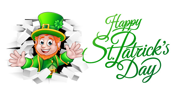 A cute Leprechaun cartoon character breaking through the background brick wall with Happy St Patricks Day message