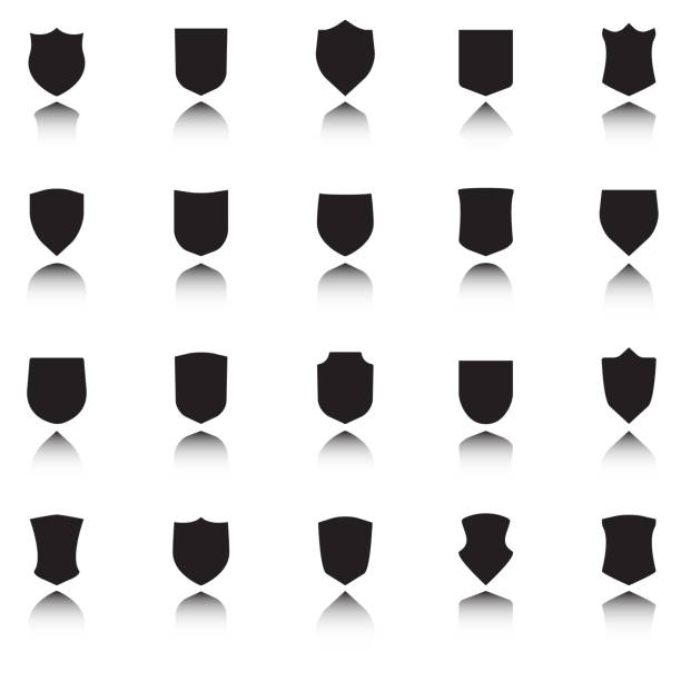盾のアイコンを設定します。白い背景の上の影の形と異なる黒盾。ベクトルの図。 - black border flag shield coat of arms点のイラスト素材／クリップアート素材／マンガ素材／アイコン素材