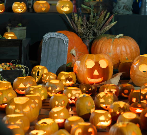 istock Jack-o'-lanterns or Halloween pumpkin carving lanterns 1059553282