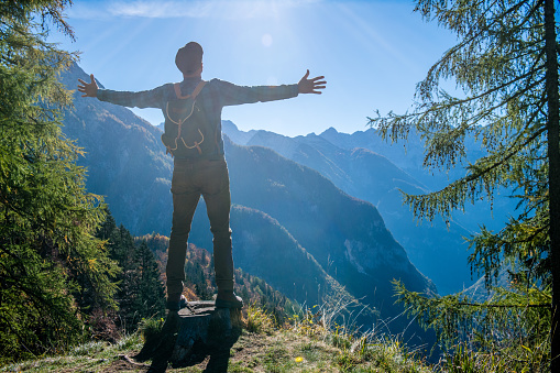 Young Adult Man Hiking In Autumn, Julian Alps, Vršič, Slovenia, Europe.