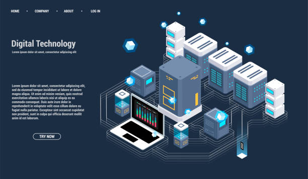 ilustrações, clipart, desenhos animados e ícones de isométrica sala do servidor e processamento de dados de grande conceito, datacenter e dados base ícone, tecnologia da informação digital, gradiente escuro de néon - computer isometric network server computer icon