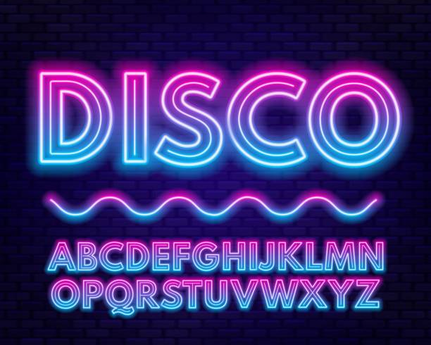 Blue purple gradient neon alphabet on a dark background . Bright font for decoration.Capital letter. Pink blue gradient neon alphabet on a dark background . Capital letter.Vector illustration.Blue purple gradient neon alphabet on a dark background . Capital letter.Vector illustration. nightclub stock illustrations