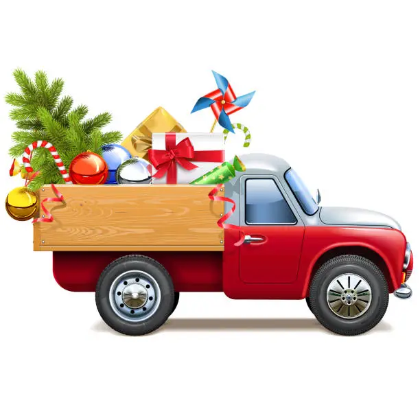 Vector illustration of Vector Christmas Truck with Fir Tree