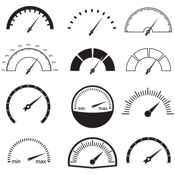 illustrations, cliparts, dessins animés et icônes de icônes d’indicateur de vitesse ou d’un indicateur défini. éléments de conception infographique et voiture instrument. illustration vectorielle. - speedometer gauge car speed