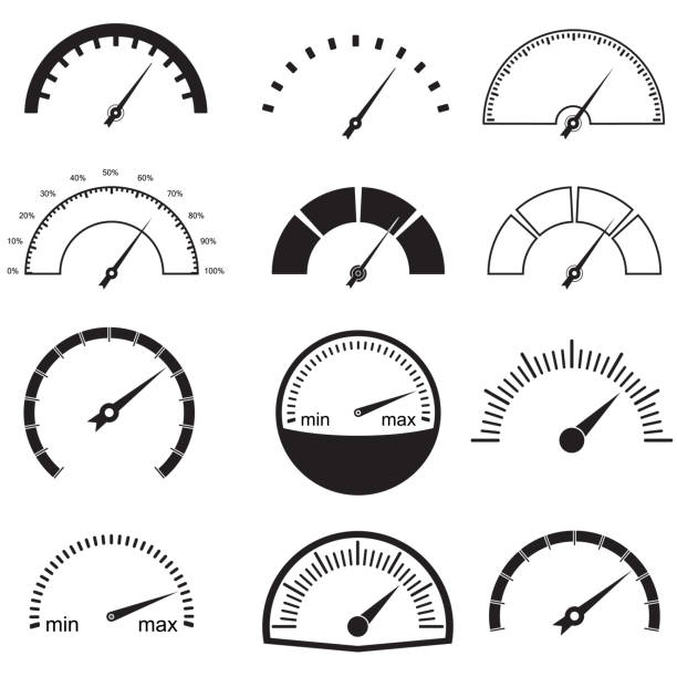 Speedometer or gauge icons set. Infographic and car instrument design elements. Vector illustration. Speedometer or gauge icons set. Infographic and car instrument design elements. Vector illustration. speedometer stock illustrations