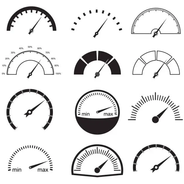 Vector illustration of Speedometer or gauge icons set. Infographic and car instrument design elements. Vector illustration.