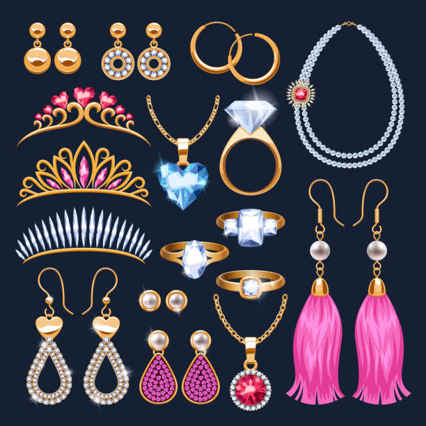 ilustrações de stock, clip art, desenhos animados e ícones de realistic jewelry accessories icons set. - bead jewelry drop stone