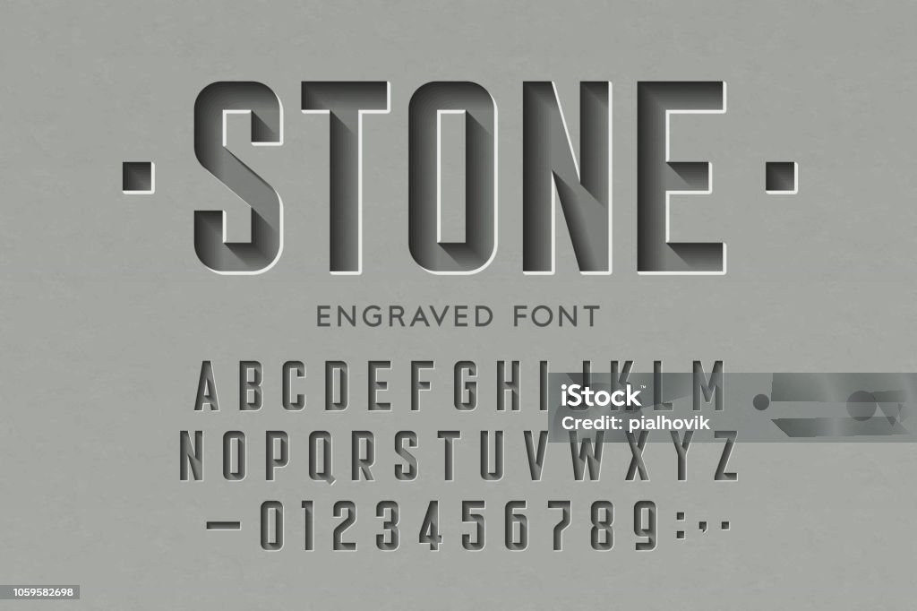 Engraved on stone font Engraved on stone font, alphabet letters and numbers vector illustration Typescript stock vector
