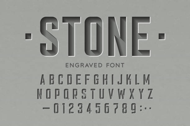 Engraved on stone font Engraved on stone font, alphabet letters and numbers vector illustration carved alphabet stock illustrations