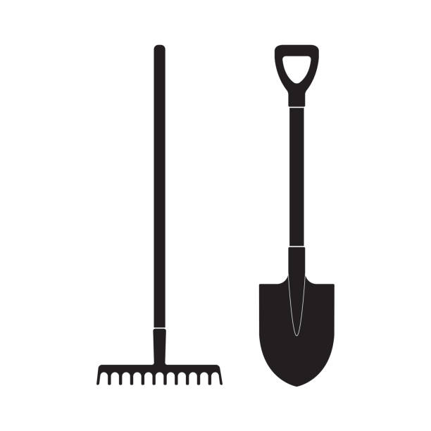 Shovel and rake icon or sign isolated on white background. Gardening tools design. Vector illustration. Shovel and rake icon or sign isolated on white background. Gardening tools design. Vector illustration. rake stock illustrations