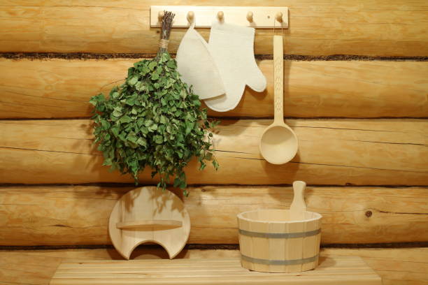 accessories for a sauna. - wooden hub imagens e fotografias de stock