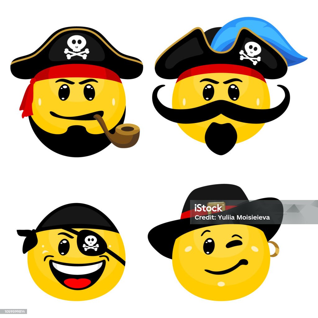 Vector emoticon set of pirates Face icons of pirate captains and seamen in cartoon style on white background. Emoticon stock vector
