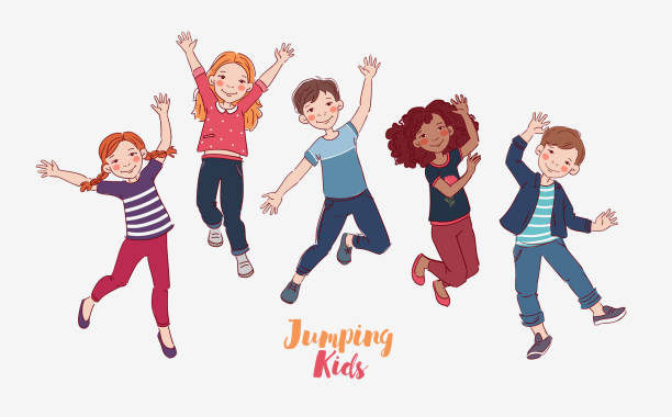 illustrations, cliparts, dessins animés et icônes de enfants heureux sautant sur fond blanc. notion de bonheur, de l’enfance et de la liberté - fun sport teenager laughing