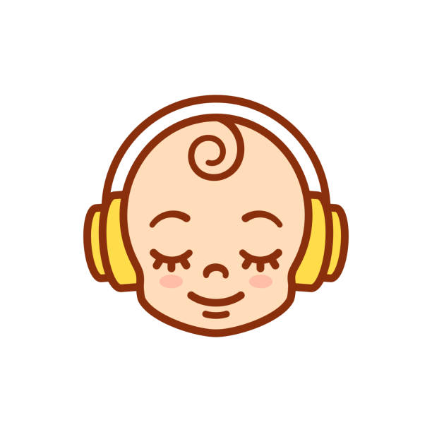 ヘッドフォンでかわいい漫画の赤ちゃん - baby icons audio点のイラスト素材／クリップアート素材／マンガ素材／アイコン素材