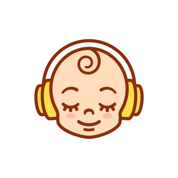 ilustrações de stock, clip art, desenhos animados e ícones de cute cartoon baby with headphones - baby icons audio