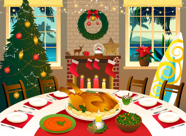 Summer Christmas celebration Dining room interior prepared for a Christmas dinner in a tropical climate. poinsettia christmas candle flower stock illustrations