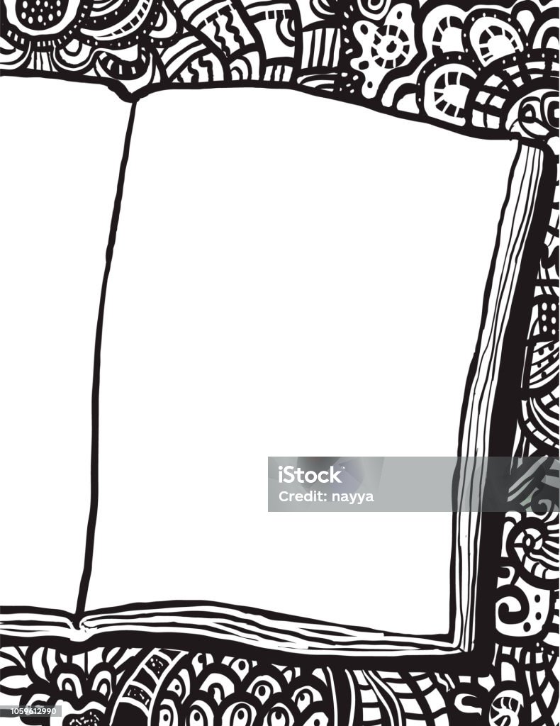 Coloring page with notebook and doodle bg Coloring page with notebook and doodle background. Hand drawn illustration with place for drawing or text Abstract stock vector