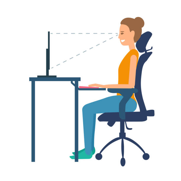 Correct position of the sitting at table. Right posture for a healthy back. Ergonomic orthopedic chair with bending under neck and lumbar support under lower back. Support back and head. Vector illustration. good posture stock illustrations