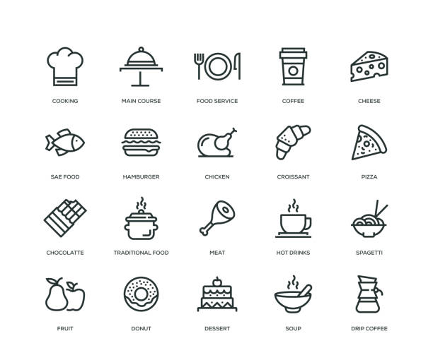 ilustrações, clipart, desenhos animados e ícones de comida e bebida ícones - linha série - serving food restaurant chicken