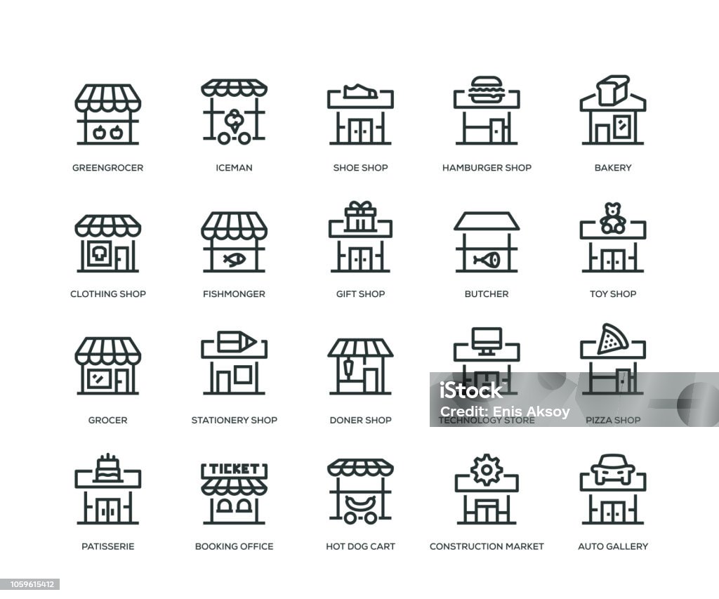 Иконки здания магазина - Иконы линии - Векторная графика Малый бизнес роялти-фри