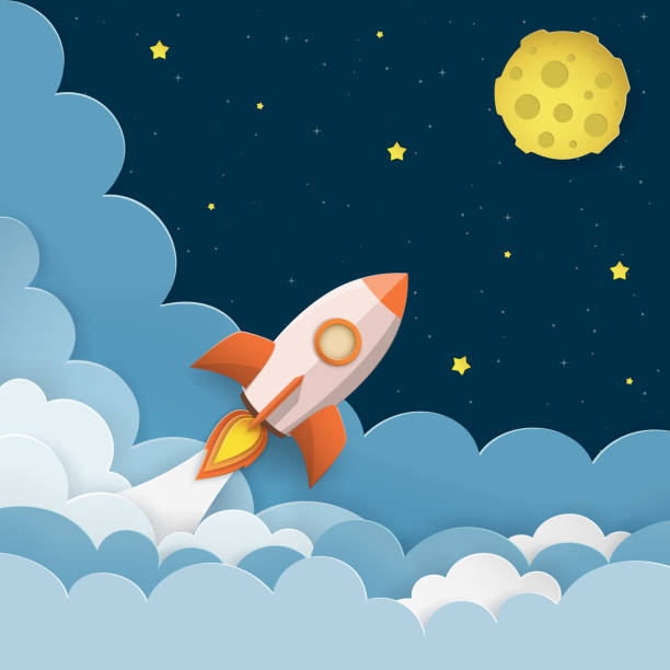 ilustrações de stock, clip art, desenhos animados e ícones de rocket launch to the moon. cute space background with stars, moon, rocket, clouds, smoke. night sky background with flying rocket. paper cut craft style. vector illustration. - rocket earth planetary moon sky