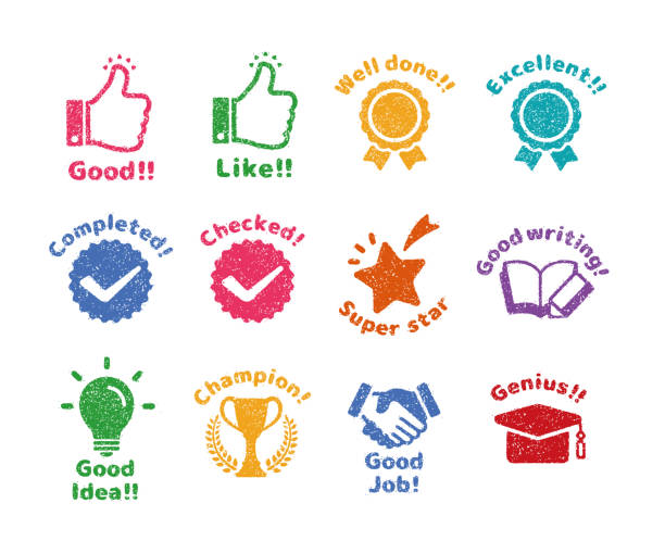 ilustrações de stock, clip art, desenhos animados e ícones de rubber stamp icon set (for teachers using at school) / color version - congratulating winning agreement thumbs up