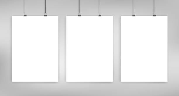 Three poster mockup Three hanged poster a4 size mockup. Vector template on light gray background artificial photos stock illustrations