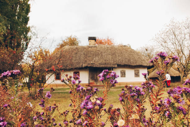 Outer view and garden of old ukrainian home in  Pirogovo Outer view  of old ukrainian house in Pirogovo, Kiev ukrainian village stock pictures, royalty-free photos & images