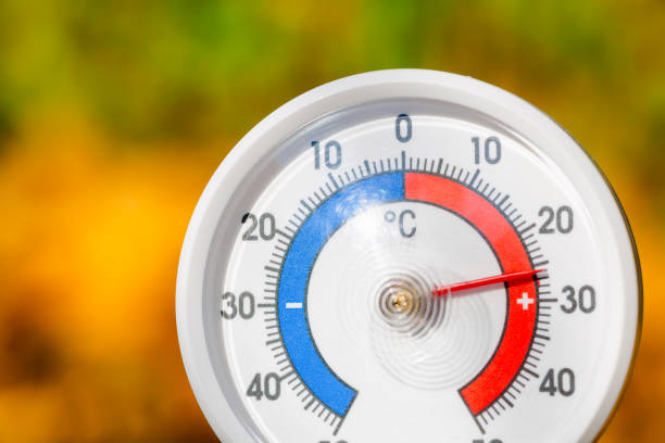 istock Outdoor thermometer  shows warm temperature - hot indian summer concept 1059623356