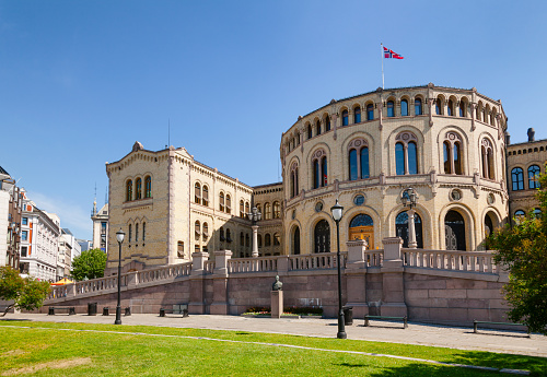 The Storting building (Stortingsbygningen),  the seat of the Storting, the parliament of Norway,  Central Oslo, Norway, Scandanavia
