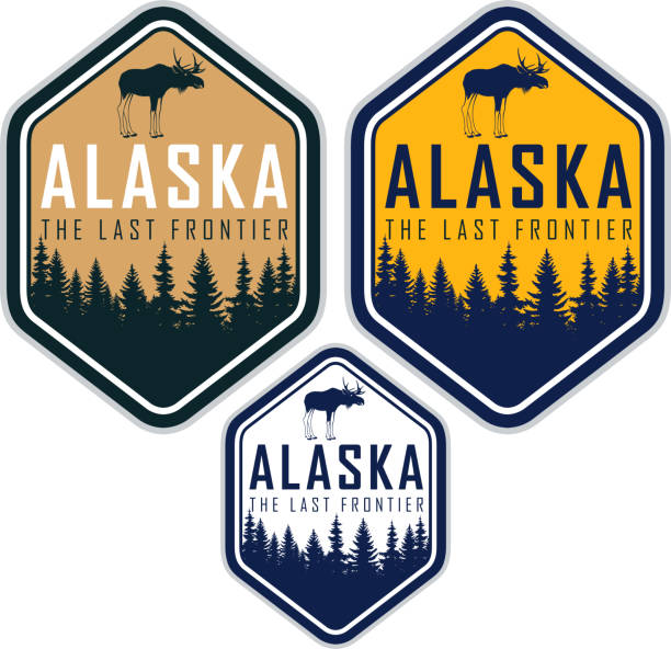 alaska vektör etiketlerle orman orman ve geyik - alaska illüstrasyonlar stock illustrations