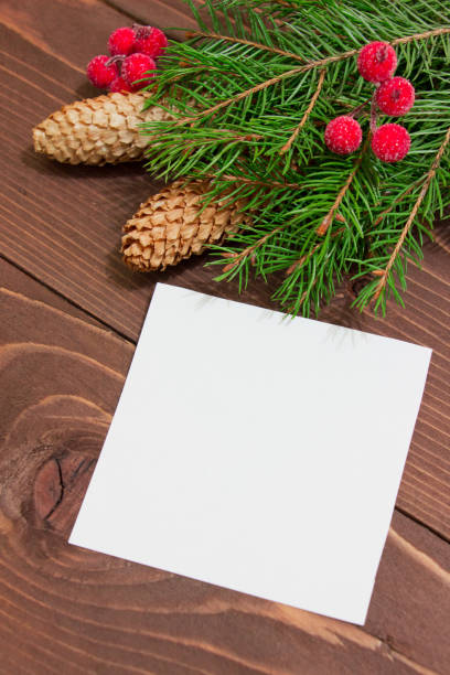 istock Christmas template-empty blank , tree branches ,red berries and cones on wooden background  with decoration 1059637210