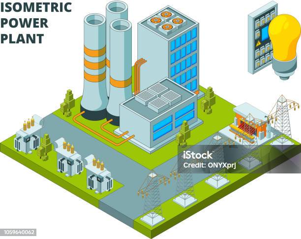 Electric Power Factory Industrial Electricity Plant Or Station Energy Buildings Vector 3d Isometric Pictures Stock Illustration - Download Image Now