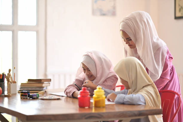 istock Asian muslim girls learning painting in class 1059647654