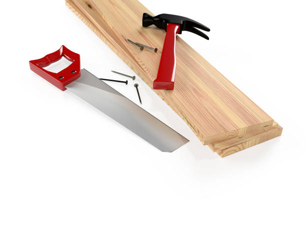 istock Hammer, hacksaw, wooden planks and nails on white background, isolated. 3D rendering 1059647680
