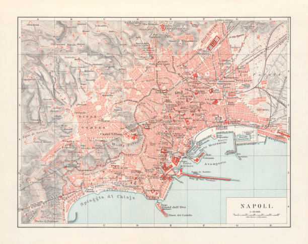 illustrazioni stock, clip art, cartoni animati e icone di tendenza di mappa della città di napoli, italia, litografia, pubblicata nel 1897 - napoli