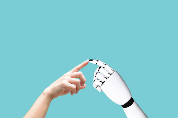 istock Human hand and robot hand system concept Integration and coordination of intellectual technology and vintage 1059651790