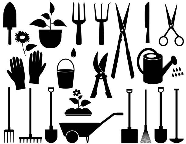 isolated garden tools agricultural set with black isolated garden tools watering pail stock illustrations