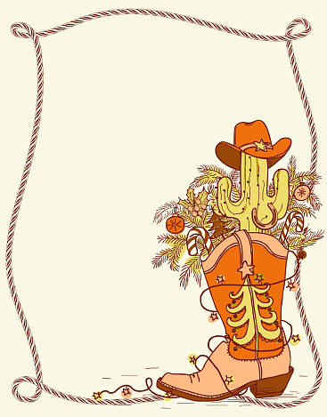 Cowboy Christmas boot and wnter holiday elements.Vector color hand drawn shoe illustration with lasso frame for text