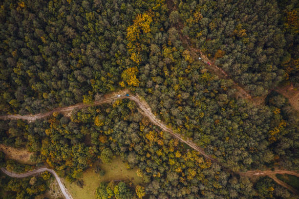 mountain biker fahren auf einer straße. luftbild-fotografie - über etwas stolpern stock-fotos und bilder