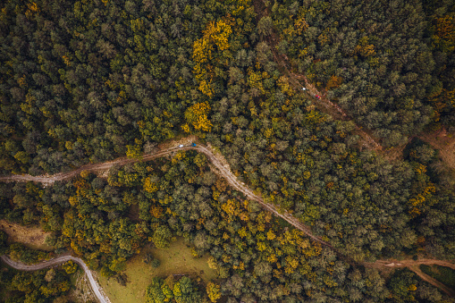 Mountain Bikers Riding on a road. Aerial view photography