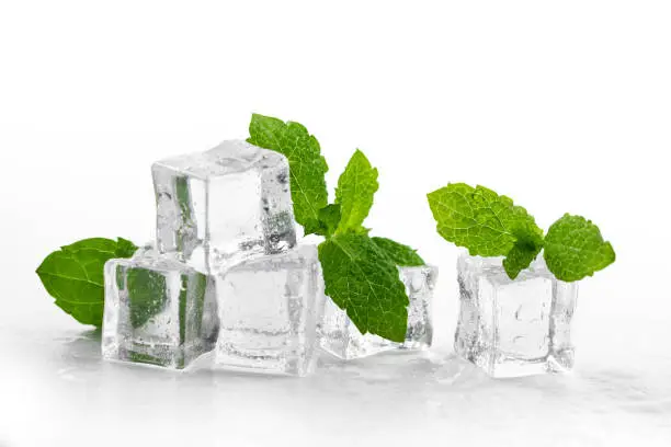 mint and ice cubes isolated on white background