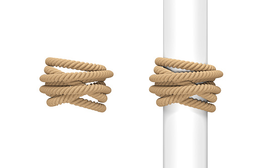 3d rendering of two pieces of natural rope wound around a post and around empty space. Tight rope. Catch and tie. Fastening and holding together.